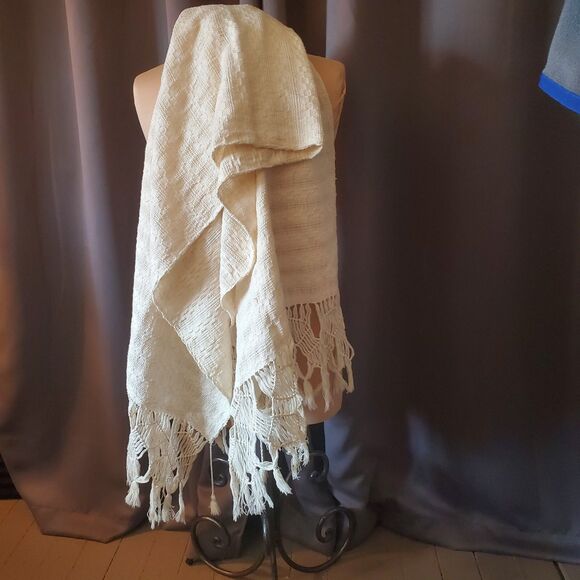 Off-White Cream Weave Shawl Scarf Wrap with Fringe - Picture 8 of 16
